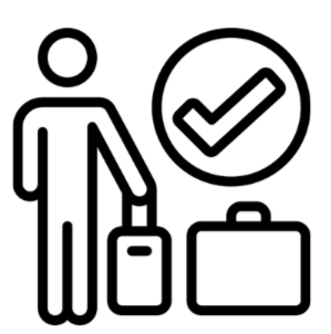 Icon of a person with luggage and a check mark, indicating travel or completion.