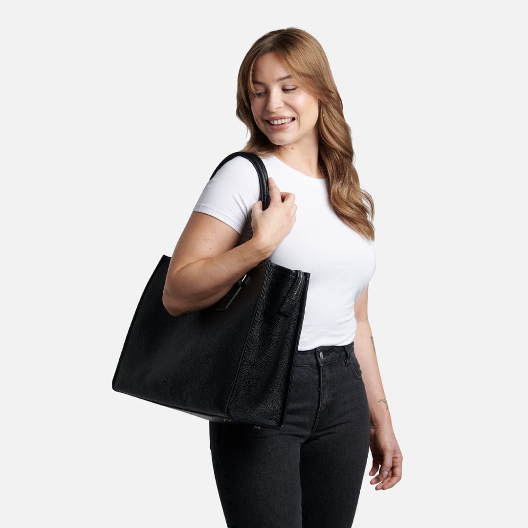 The Valentina - 2-in-1  Black Vegan Leather Tote Bag